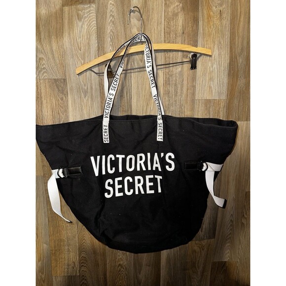 Victoria's Secret Large Tote Canvas Weekender Bag Black & White Logo - Picture 2 of 6